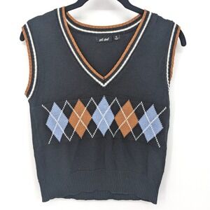 Wet Seal Argyle Sweater Vest Women Small Black V Neck Sleeveless Pullover Preppy
